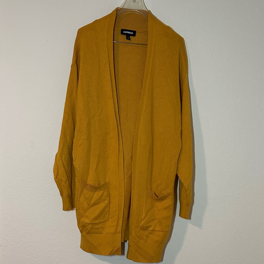 Express Mustard Yellow Open Front Cardigan – Size XS, Longline Knit with Pockets